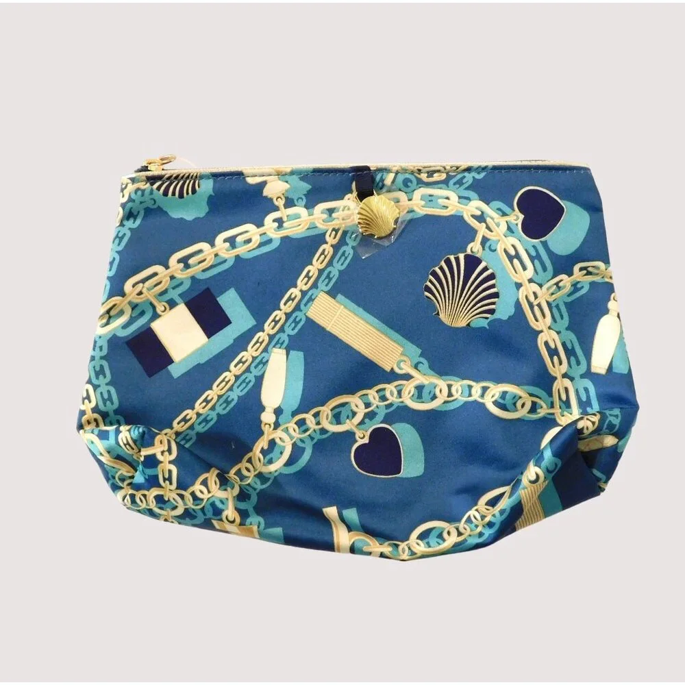Estee Lauder Gold Seashell Charm Blue Cosmetic Makeup Bag Blue Beige Zip Closure